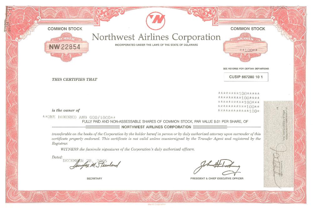Stock Certificate Northwest Airlines Inc 