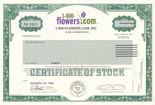 1-800-Flowers.com Stock Certificate