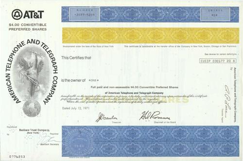 AT&T Stock Certificate circa 1971