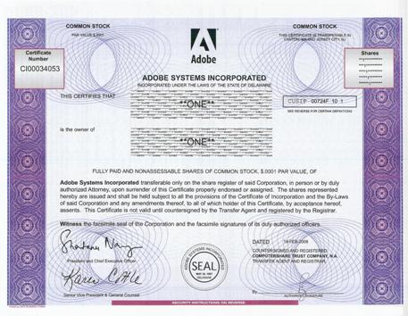 Adobe Systems Stock Certificate