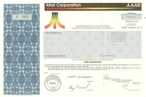 Atari Stock Certificate