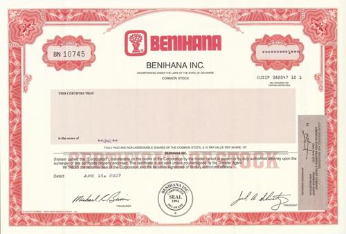 Benihana Stock Certificate