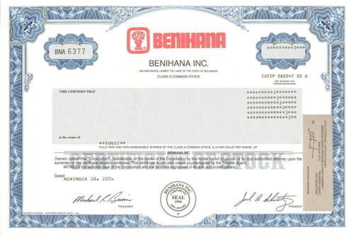 Benihana Class A Stock Certificate