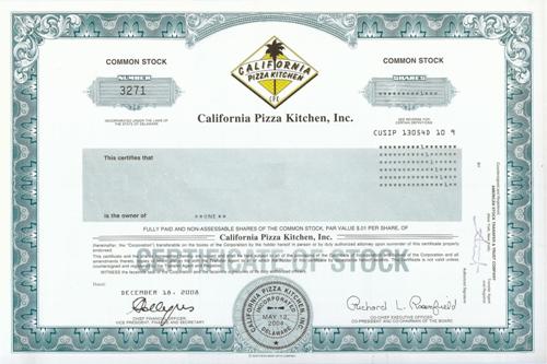 California Pizza Kitchen Stock Certificate
