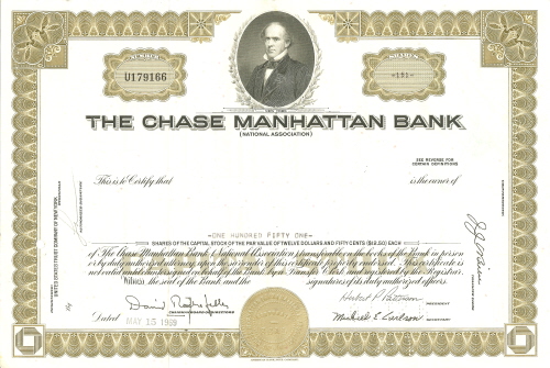 Chase Manhattan Bank Stock Certificate circa 1969