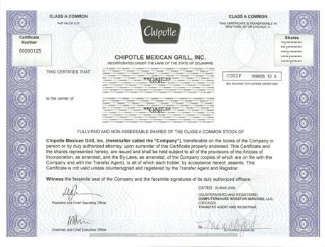 Chipotle Mexican Grill Stock Certificate