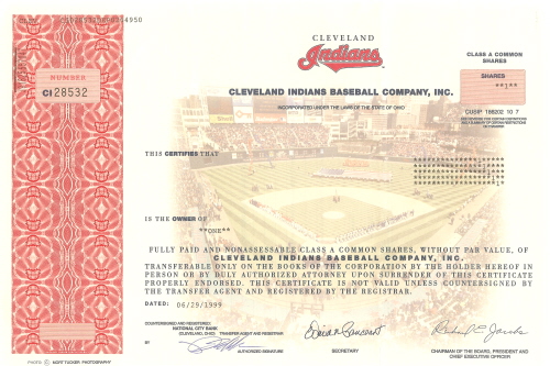 Cleveland Indians Baseball Stock Certificate