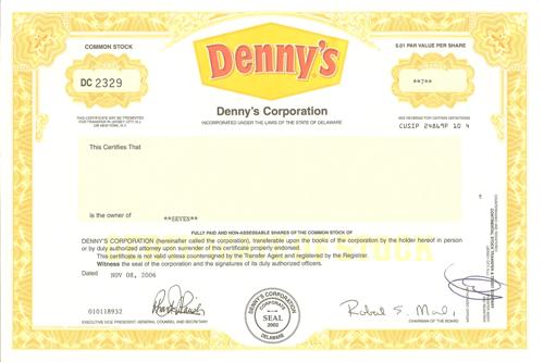 Denny's Stock Certificate