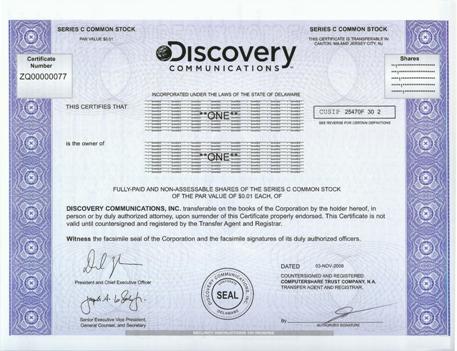 Discovery Communications Stock Certificate