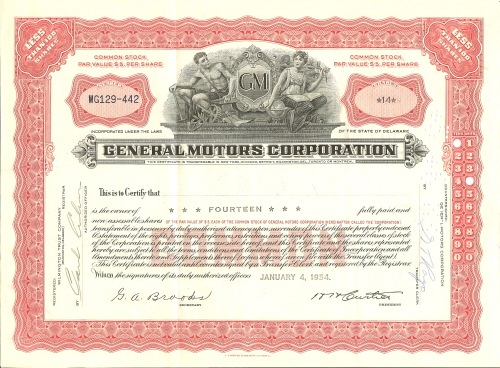 General Motors Stock Certificate circa 1954