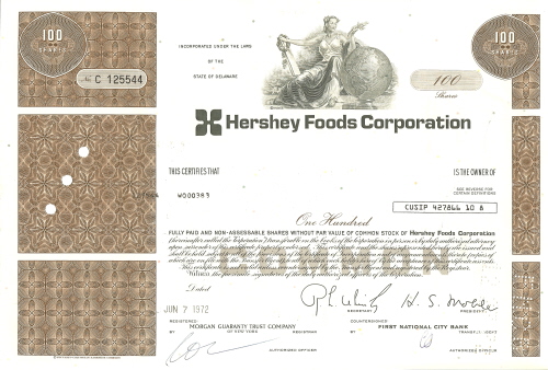 Hershey Stock Certificate circa 1972