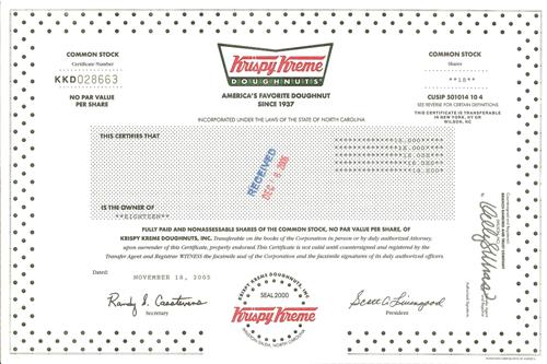 Krispy Kreme Stock Certificate