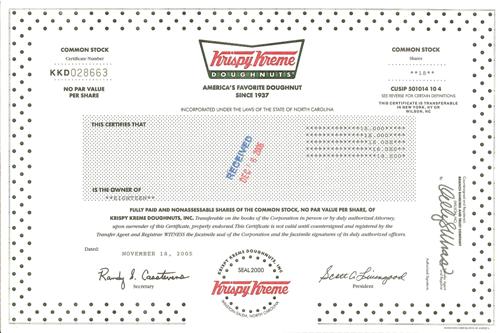 Certificate nc history Krispy Kreme  kreme Stock krispy