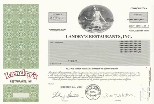 Landry's Restaurants Stock Certificate