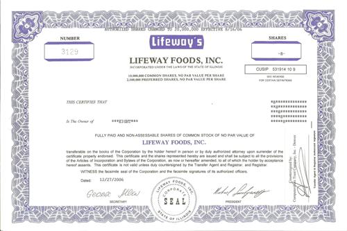LifeWay Foods Stock Certificate