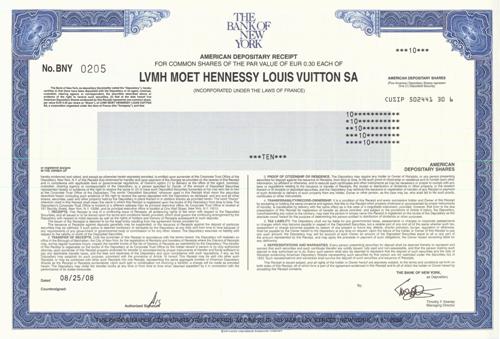 LVMH Moet Hennessy Louis Vuitton Stock Certificate
