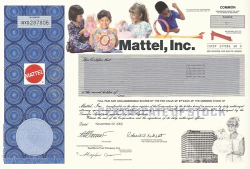 Mattel Stock Certificate circa 2002