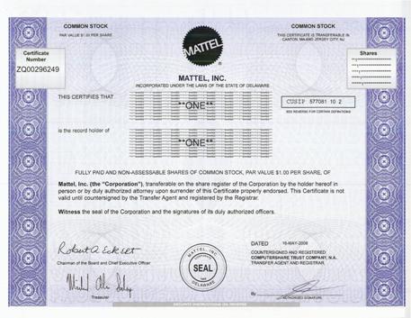Mattel Stock Certificate