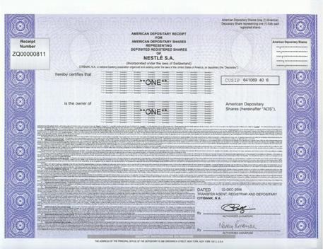 Nestle Stock Certificate