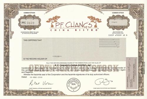P.F. Chang's China Bistro Stock Certificate