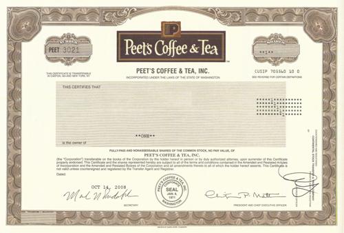Peet's Coffee & Tea Stock Certificate