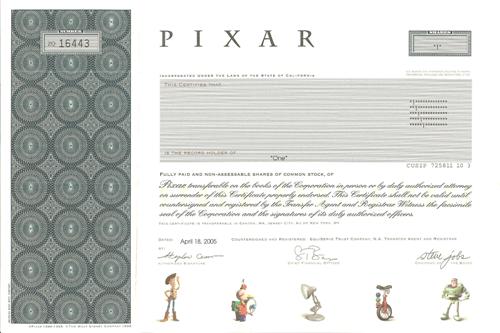Pixar Animation Studio Stock Certificate