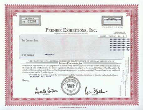Premier Exhibition Stock Certificate