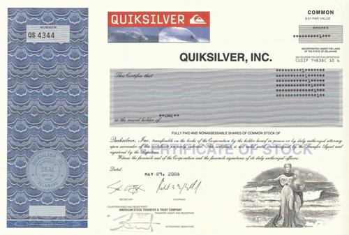 Quiksilver Stock Certificate