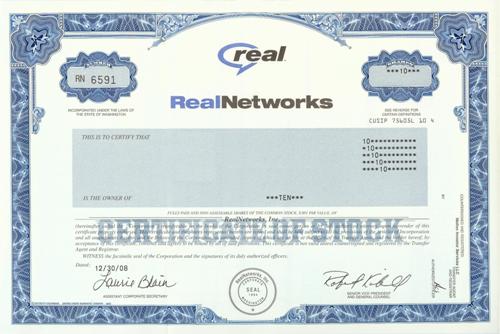 RealNetworks Stock Certificate