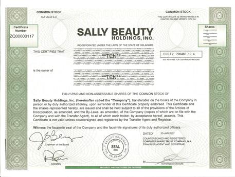 Sally Beauty Holdings Stock Certificate