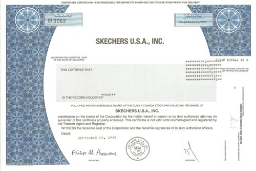 Skechers Stock Certificate