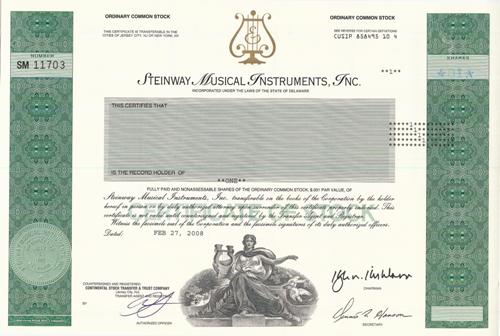 Steinway Musical Instruments Stock Certificate