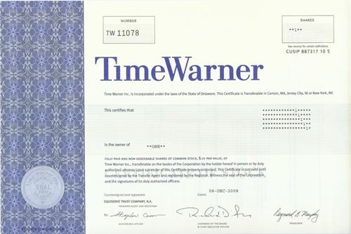 Time Warner Stock Certificate