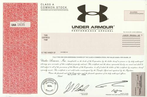 Under Armour Stock Certificate