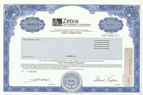 Zebra Technologies Stock Certificate
